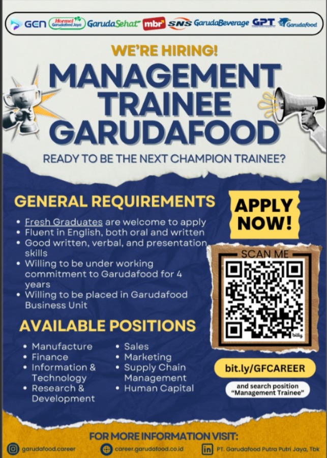 Info Loker, Lowongan kerja, Management Trainee / Champion Trainee - Garuda Food