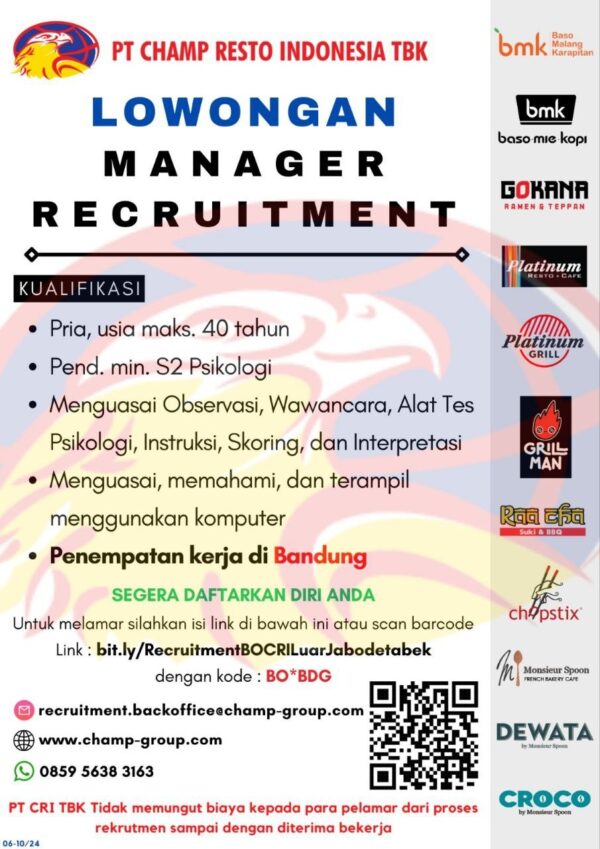 Manager Recruitment – PT Champ Resto Indonesia Tbk