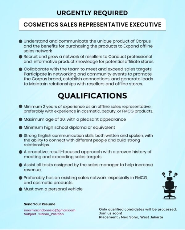 COSMETICS SALES REPRESENTATIVE EXECUTIVE – IMAR MAX