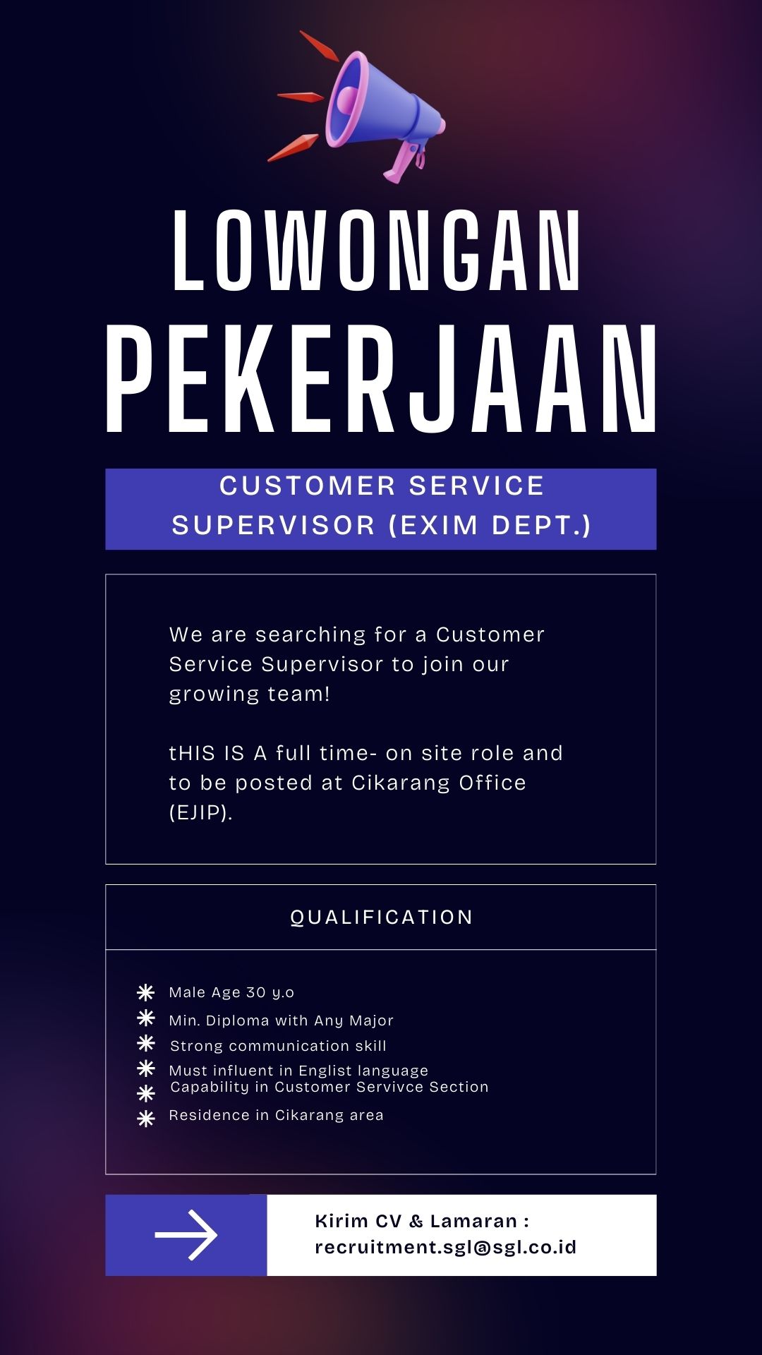 We Are Hearing for Position CUSTOMER SERVICE SUPERVISOR (EXIM DEPT)