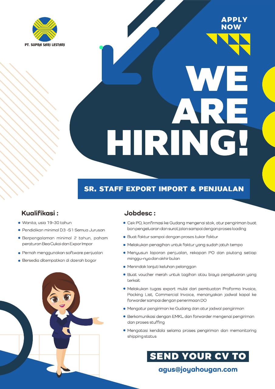 We Are Hiring! PT SUPRA SARI LESTARI