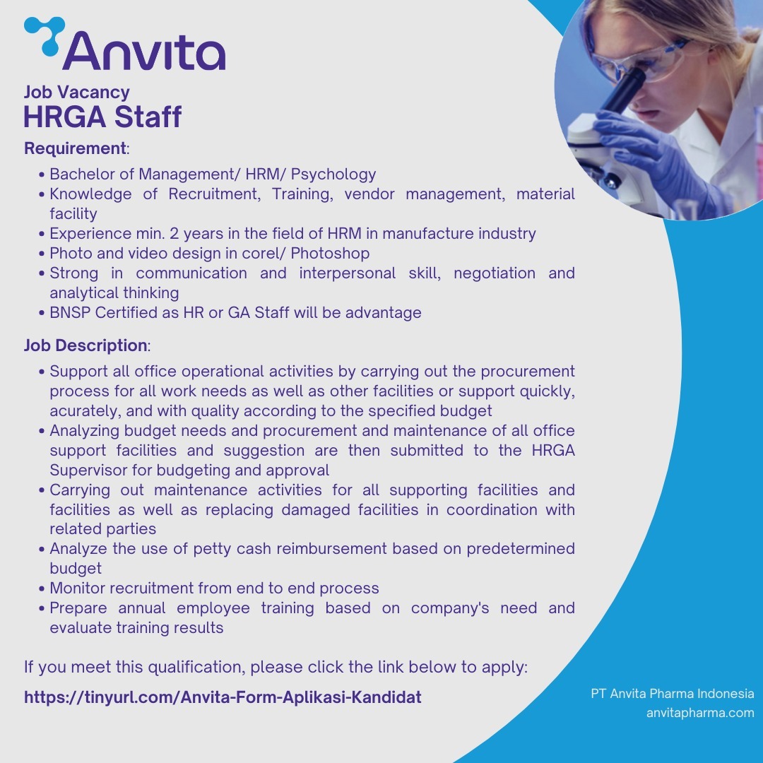 Anvita, Job Vacancy for HRGA Staff