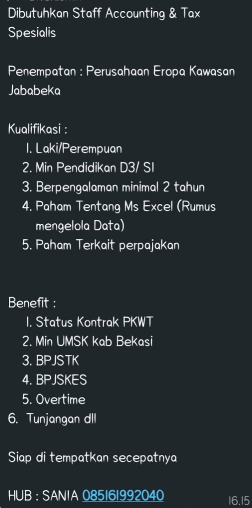 Dibutuhkan Staff Accounting & Tax Spesialis