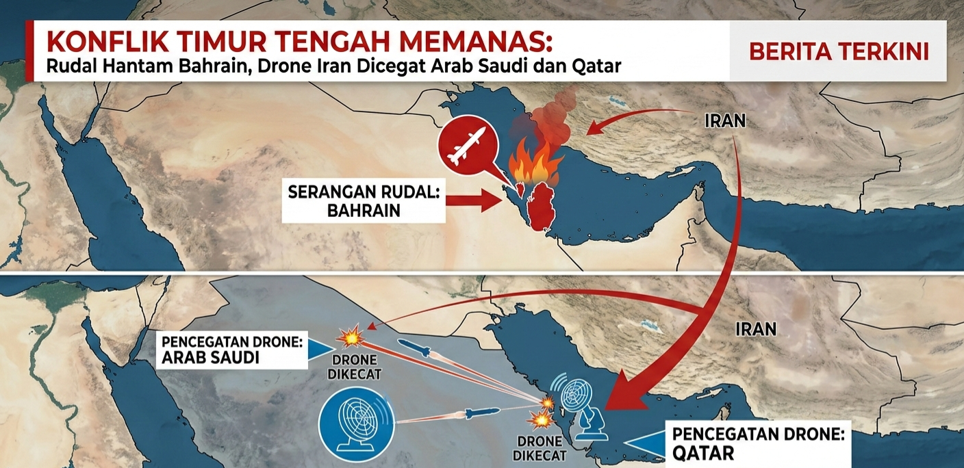 Konflik Timur Tengah Memanas: Rudal Hantam Bahrain, Drone Iran Dicegat Arab Saudi dan Qatar